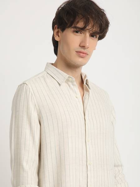 THE BEAR HOUSE Men Striped Casual Beige Shirt