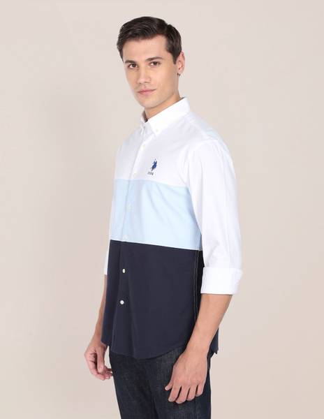 U.S. POLO ASSN. Men Color Block Casual Blue, White Shirt