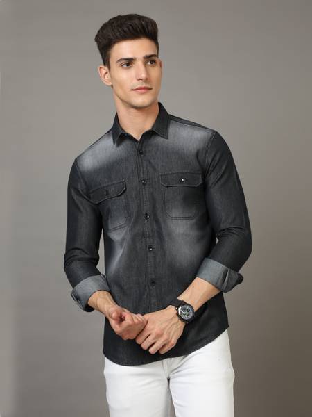 SMILE STONE Men Washed Casual Black Shirt