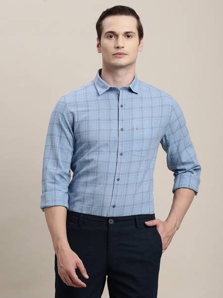 TURTLE Men Checkered Casual Light Blue Shirt