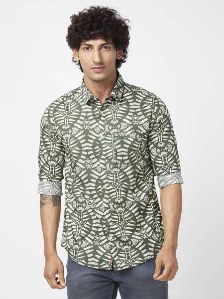 Spykar Men Printed Casual White, Dark Green Shirt