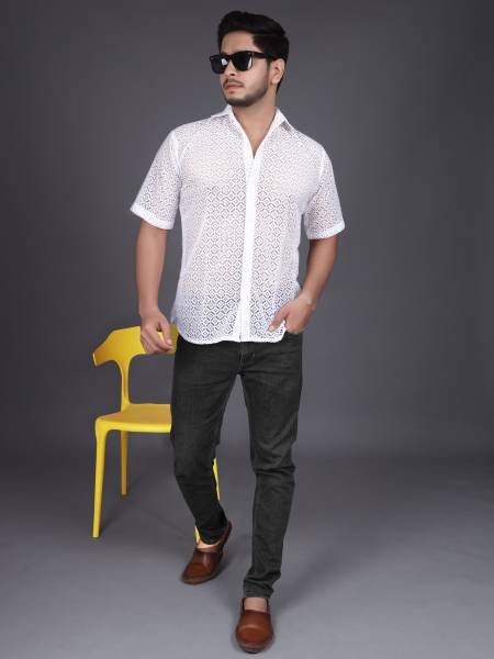 Lunice Men Self Design Casual White Shirt