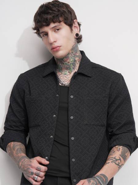 HIGHLANDER Men Self Design Casual Black Shirt