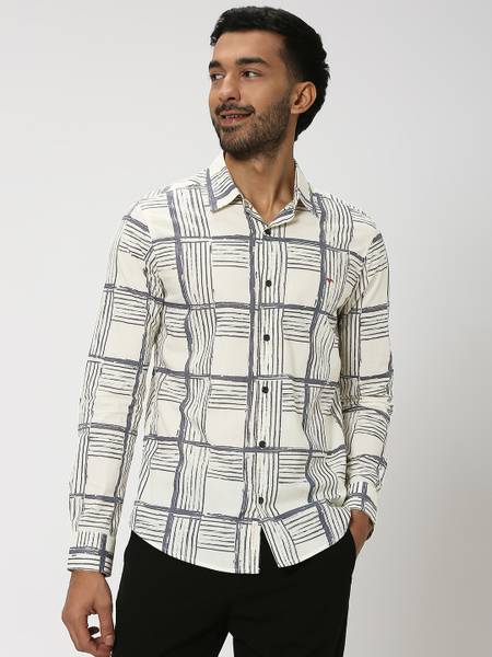 MUFTI Men Checkered Casual Grey, White Shirt