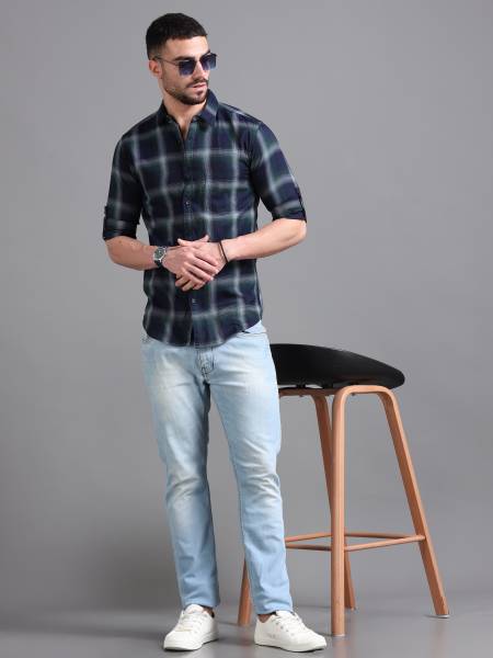 PROVOGUE Men Checkered Casual Green, Blue Shirt