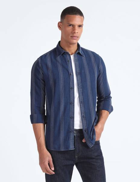 FLYING MACHINE Men Striped Casual Blue Shirt