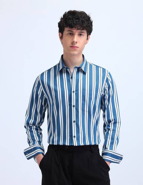 FLYING MACHINE Men Striped Casual Blue Shirt
