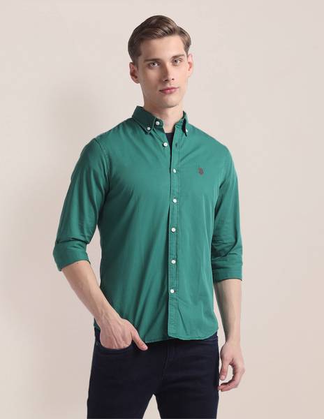 U.S. POLO ASSN. Men Solid Casual Dark Green Shirt