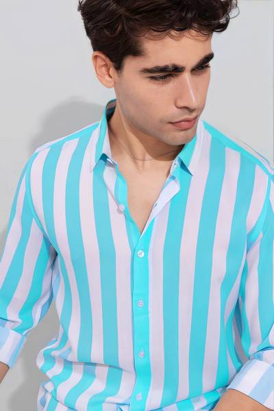 HKV FASHION Men Striped Casual Light Blue Shirt