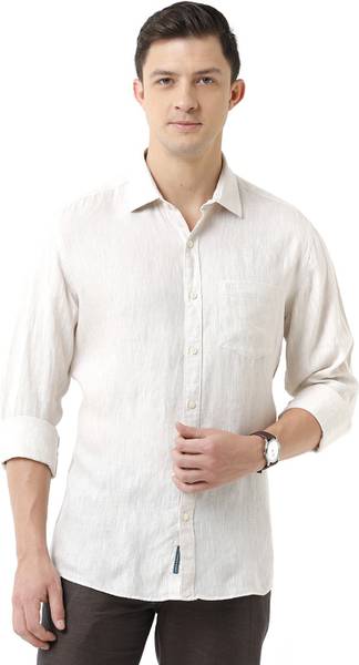 Linen Club Men Solid Casual Beige Shirt