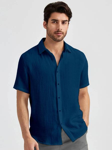 Webric Men Self Design Casual Blue Shirt