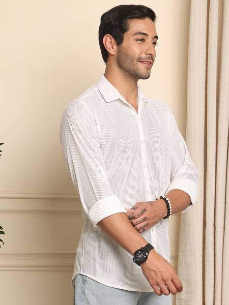 Tanip Men Striped Casual White Shirt