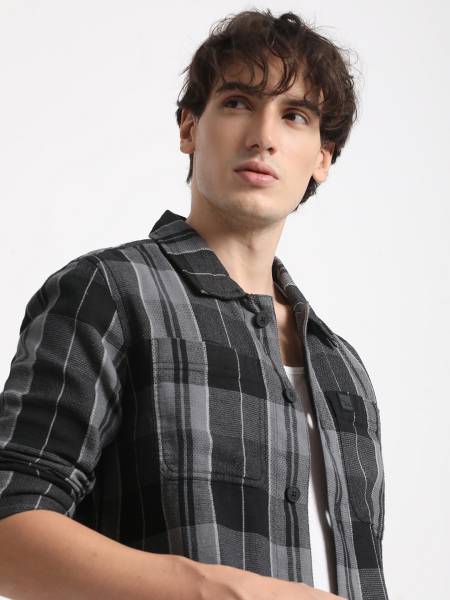 THE BEAR HOUSE Men Checkered Casual Grey Shirt