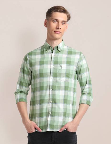 U.S. POLO ASSN. Men Checkered Casual Light Green, Dark Green, White Shirt