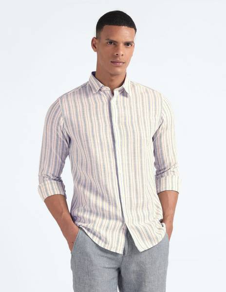 FLYING MACHINE Men Striped Casual White, Grey Shirt