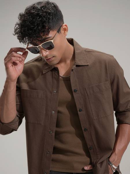 HIGHLANDER Men Self Design Casual Brown Shirt