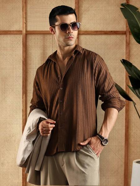 METRONAUT Men Self Design Casual Brown Shirt