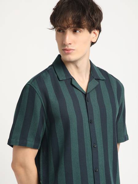 THE BEAR HOUSE Men Striped Casual Green Shirt