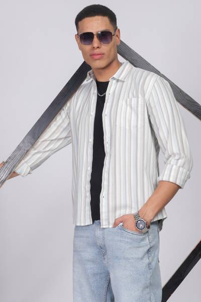 BS BLUE SQUAD Men Striped Casual White Shirt