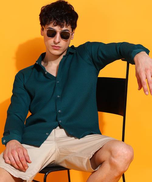 SHIMAK Men Self Design Casual Dark Green Shirt