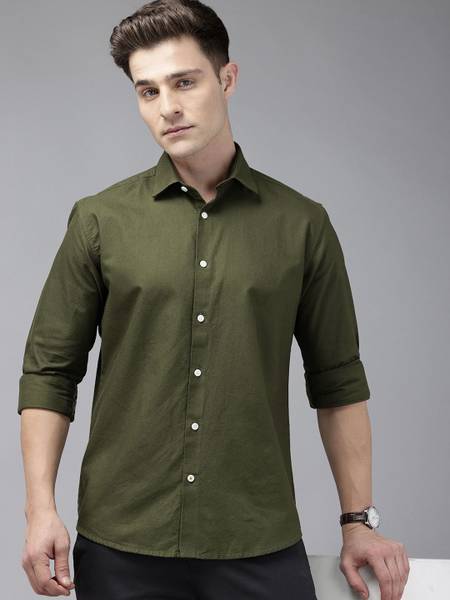 PARK AVENUE Men Solid Casual Dark Green Shirt