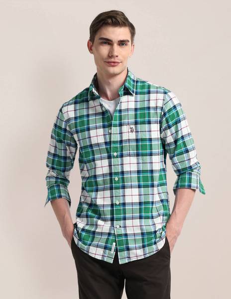 U.S. POLO ASSN. Men Checkered Casual Green Shirt