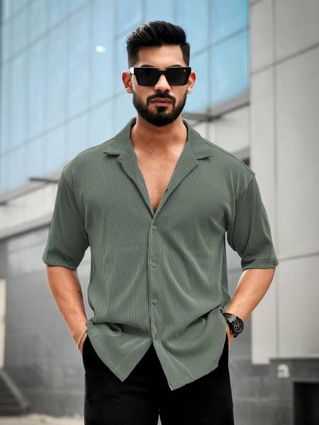 LIME Striped Men Polo Neck Light Green T-Shirt