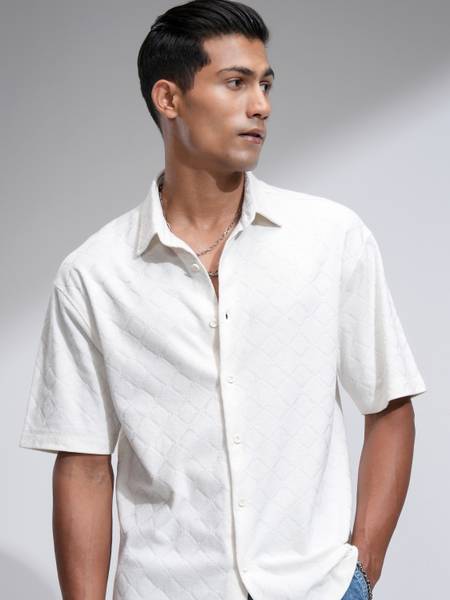 LOCOMOTIVE Men Self Design Casual Cream Shirt
