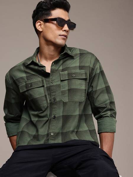 WROGN Men Checkered Casual Green Shirt