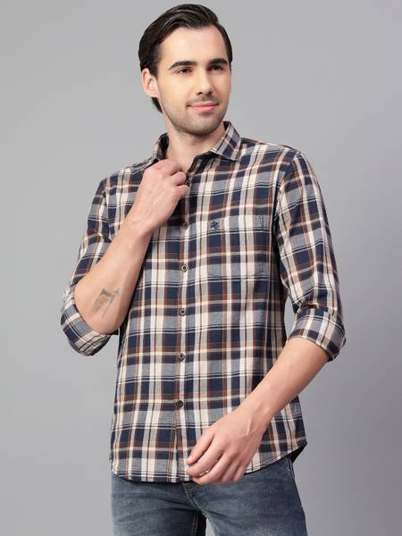 CANTABIL Men Checkered Casual Dark Blue Shirt