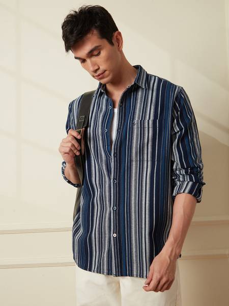 WROGN Men Striped Casual Blue Shirt