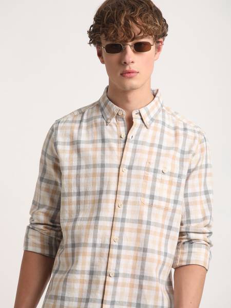 THE BEAR HOUSE Men Checkered Casual Orange, Grey, White Shirt