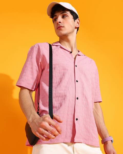 INDICLUB Men Self Design Casual Pink Shirt