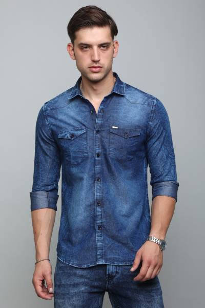 markinmark Men Washed Casual Blue Shirt