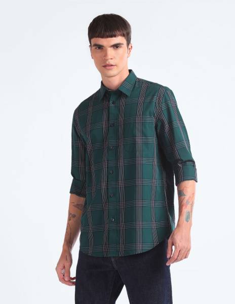 FLYING MACHINE Men Checkered Casual Dark Green, Black, White Shirt