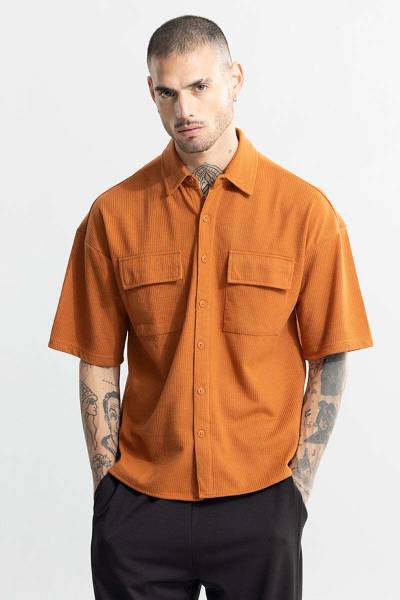 Snitch Men Self Design Casual Orange Shirt