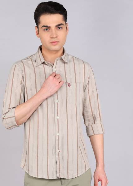 U.S. POLO ASSN. Men Striped Casual Khaki Shirt