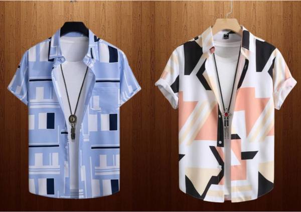 LEMBRIKA Men Printed Casual Blue, Beige Shirt