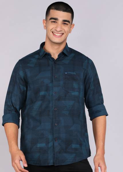 KILLER Men Printed Casual Dark Blue Shirt
