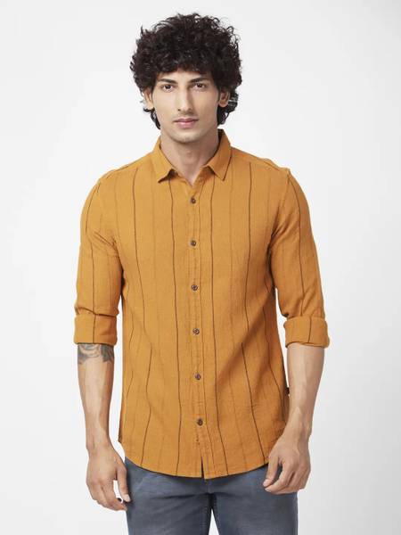 Spykar Men Striped Casual Yellow, Brown Shirt