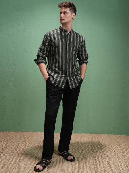 HIGHLANDER Men Striped Casual Green Shirt