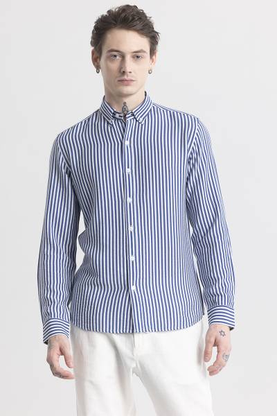 Snitch Men Striped Casual Blue Shirt