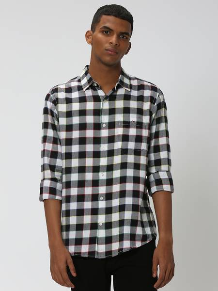 MUFTI Men Checkered Casual Black, Grey, White Shirt