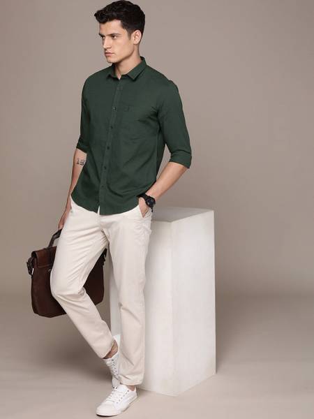French Connection Men Solid Casual Dark Green Shirt