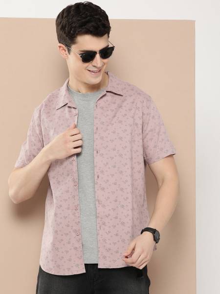 HERE&NOW Men Printed Casual Pink, Grey Shirt