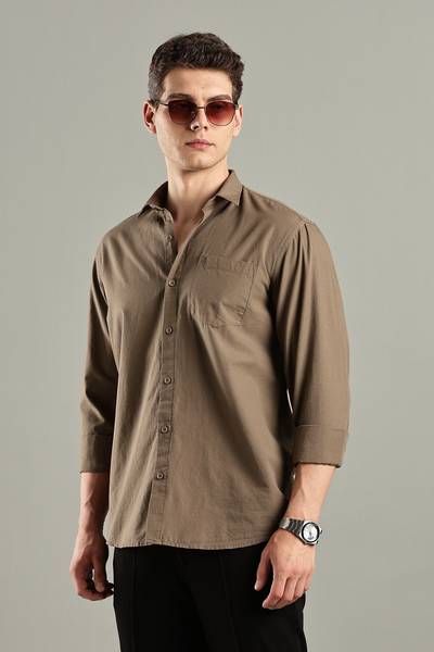 BS BLUE SQUAD Men Solid Casual Brown Shirt