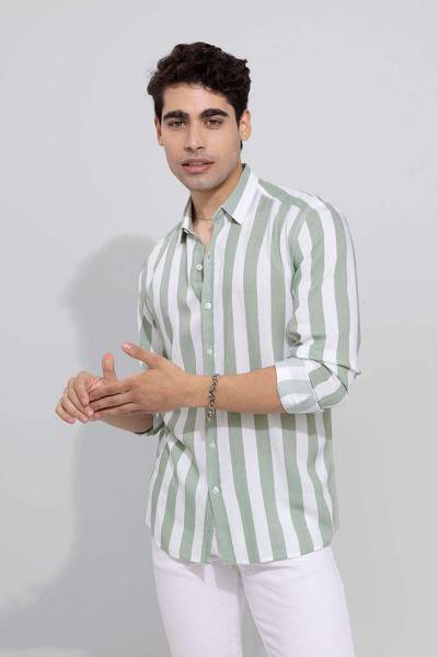 OTUS Men Striped Casual Light Green, White Shirt