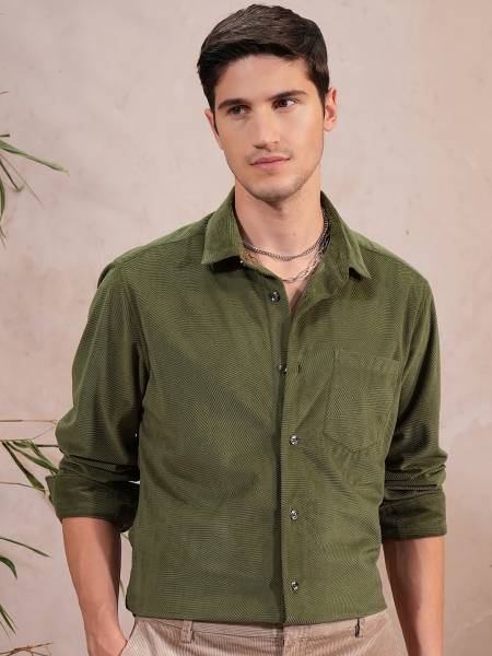 LOCOMOTIVE Men Self Design Casual Green Shirt