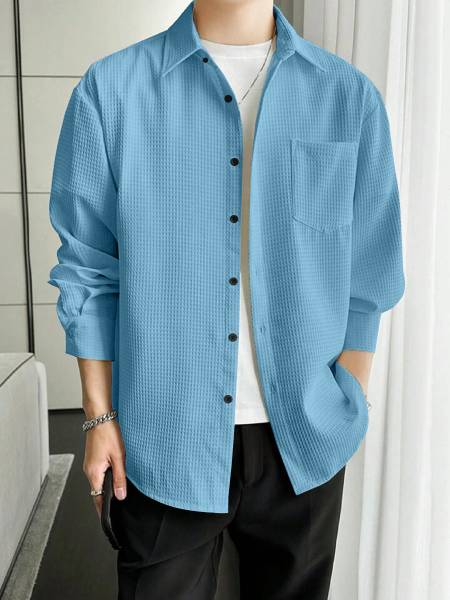 Deepfabfashion Men Self Design Casual Light Blue Shirt