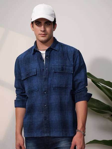 LOCOMOTIVE Men Checkered Casual Blue Shirt